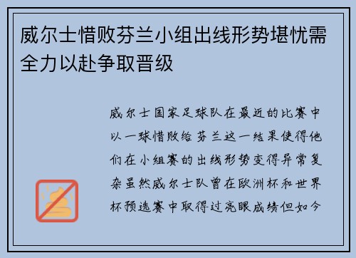 威尔士惜败芬兰小组出线形势堪忧需全力以赴争取晋级