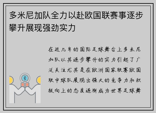 多米尼加队全力以赴欧国联赛事逐步攀升展现强劲实力