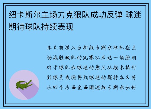 纽卡斯尔主场力克狼队成功反弹 球迷期待球队持续表现