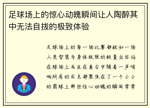 足球场上的惊心动魄瞬间让人陶醉其中无法自拔的极致体验