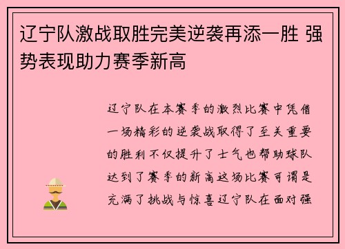 辽宁队激战取胜完美逆袭再添一胜 强势表现助力赛季新高