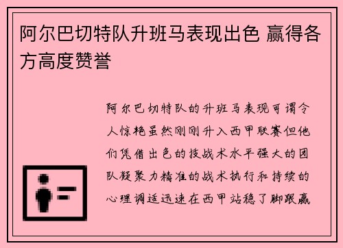 阿尔巴切特队升班马表现出色 赢得各方高度赞誉