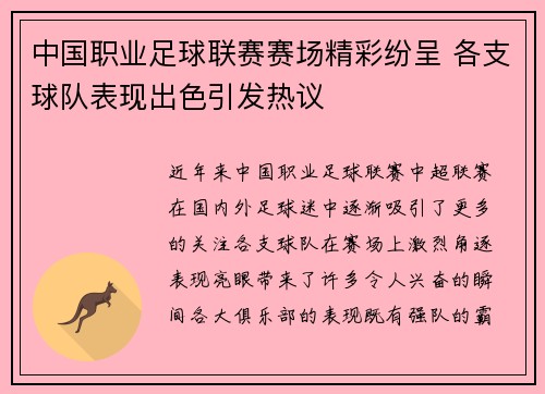 中国职业足球联赛赛场精彩纷呈 各支球队表现出色引发热议
