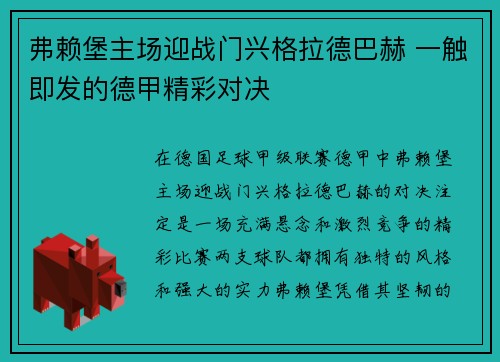 弗赖堡主场迎战门兴格拉德巴赫 一触即发的德甲精彩对决