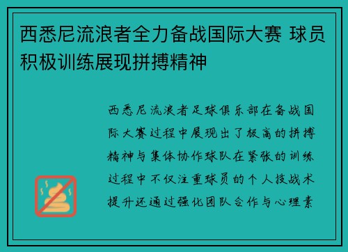 西悉尼流浪者全力备战国际大赛 球员积极训练展现拼搏精神